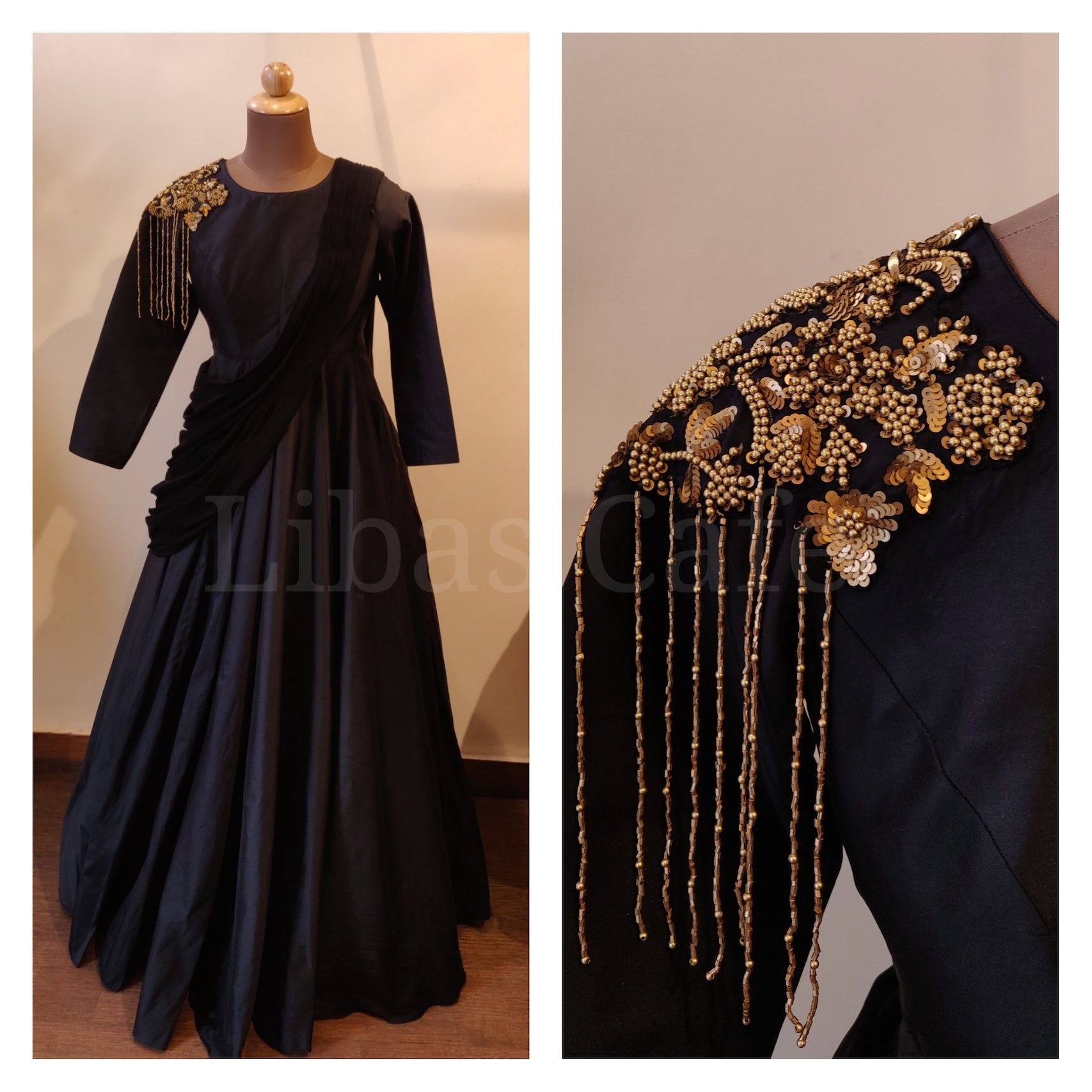 Black Gown With Drape And Shoulder Motif